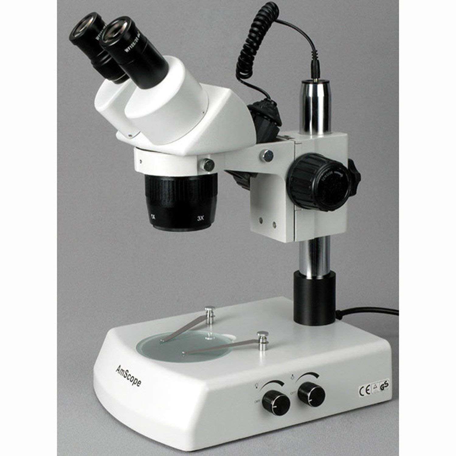 AmScope SW-2B13X Binocular Stereo Microscope, WH10x Eyepieces, 5X/10X/15X/30X Magnification, 1X/3X Objective, Upper and Lower Halogen Lighting, Pillar Stand, 110V-120V, Includes 0.5x Barlow Lens 4