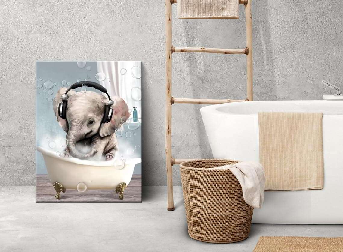 Kids Bathroom Wall Decor Art for Elephant Wall Art Canvas Bathroom Pictures Cute Farmhouse Animal in Bathtub Modern Bath Headphones Music Painting Accessories Home Decor 4
