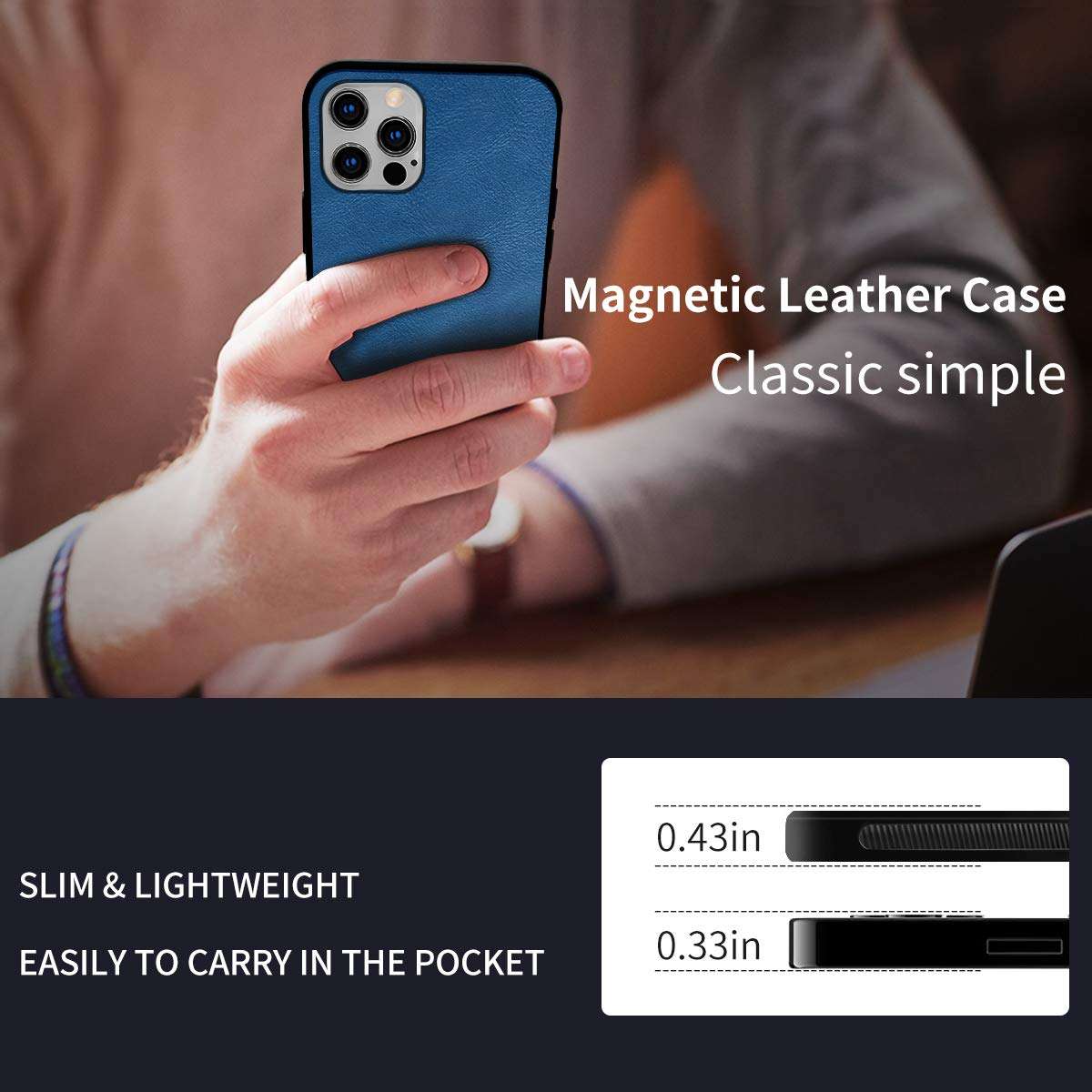 Neeliup Compatible with iPhone 12/12 Pro Magnetic Case, [Invisible Metal Plate Support Magnetic Car Mount][Premium PU Leather] Soft Silicone Bumper Ultra Slim Shockproof 6.1" Cover-Sky Blue 6