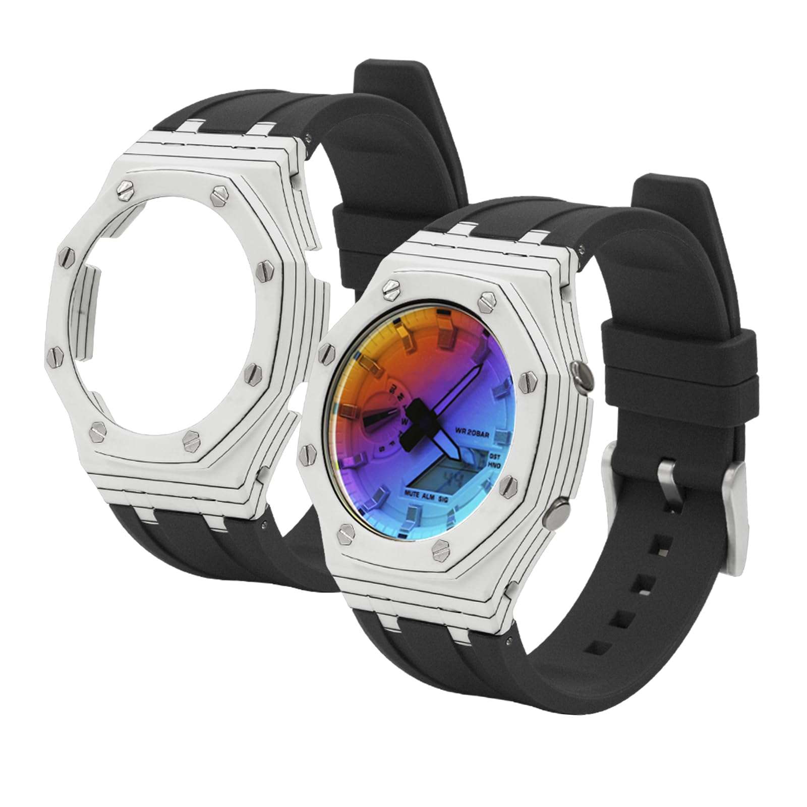 Neuupesen GA2100 Casioak - Carbon Fiber Case with Fluorine Rubber Strap - Retrofit Kit for Men's Watches Gshock GA-2100/GA-2110/GM-2100 (GA/GM2100, White+black)