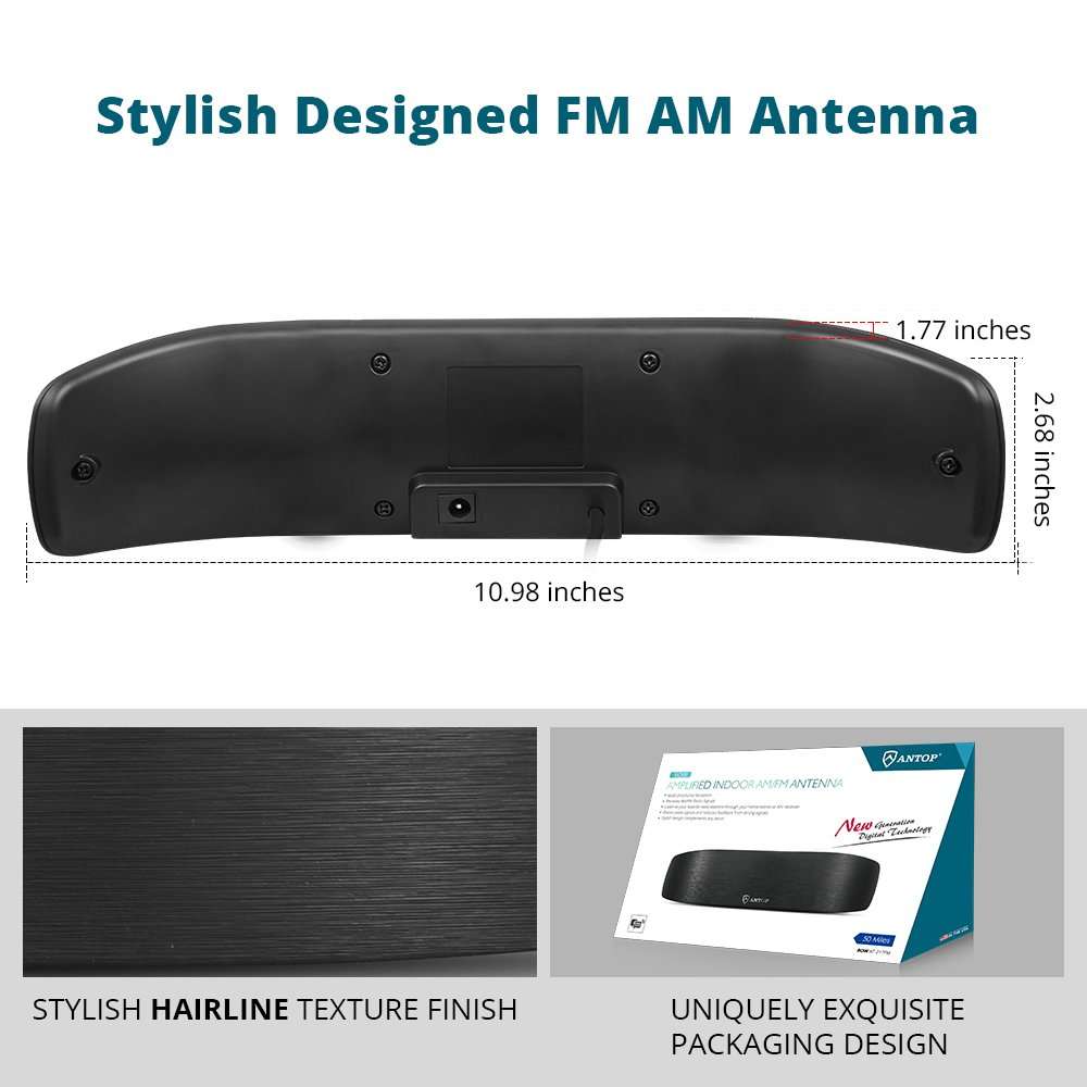 ANTOP AM/FM Antenna Amplified Indoor Radio Antenna 50 Miles Range with Adapter Connector and 6ft Coaxial Cable 2