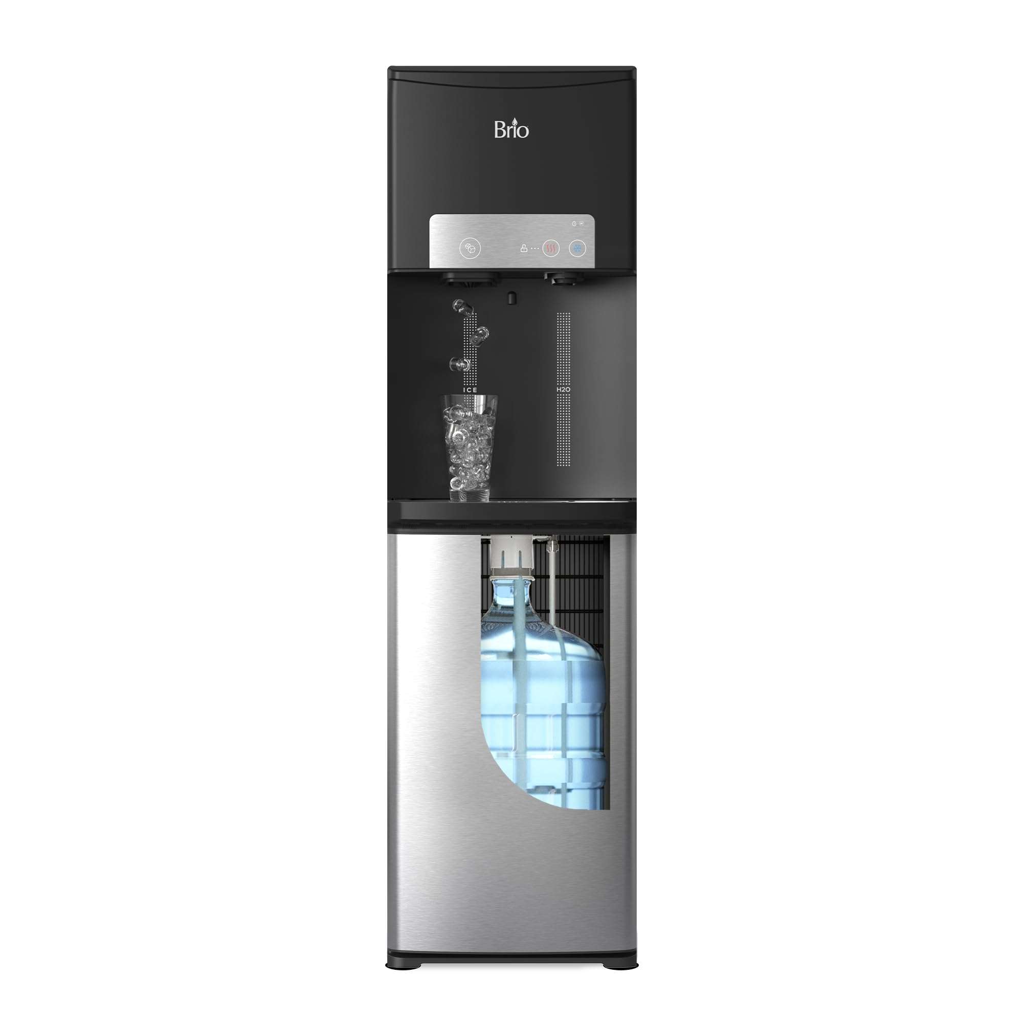 Brio ICE 420 Water Cooler Dispenser for 5 Gallon Bottle with Ice Maker, Bottom Load | UV Self Cleaning Technology, Night Light, Child Safety Lock & 2X Fast Dispense | NSF Certified - Black & Stainless 1