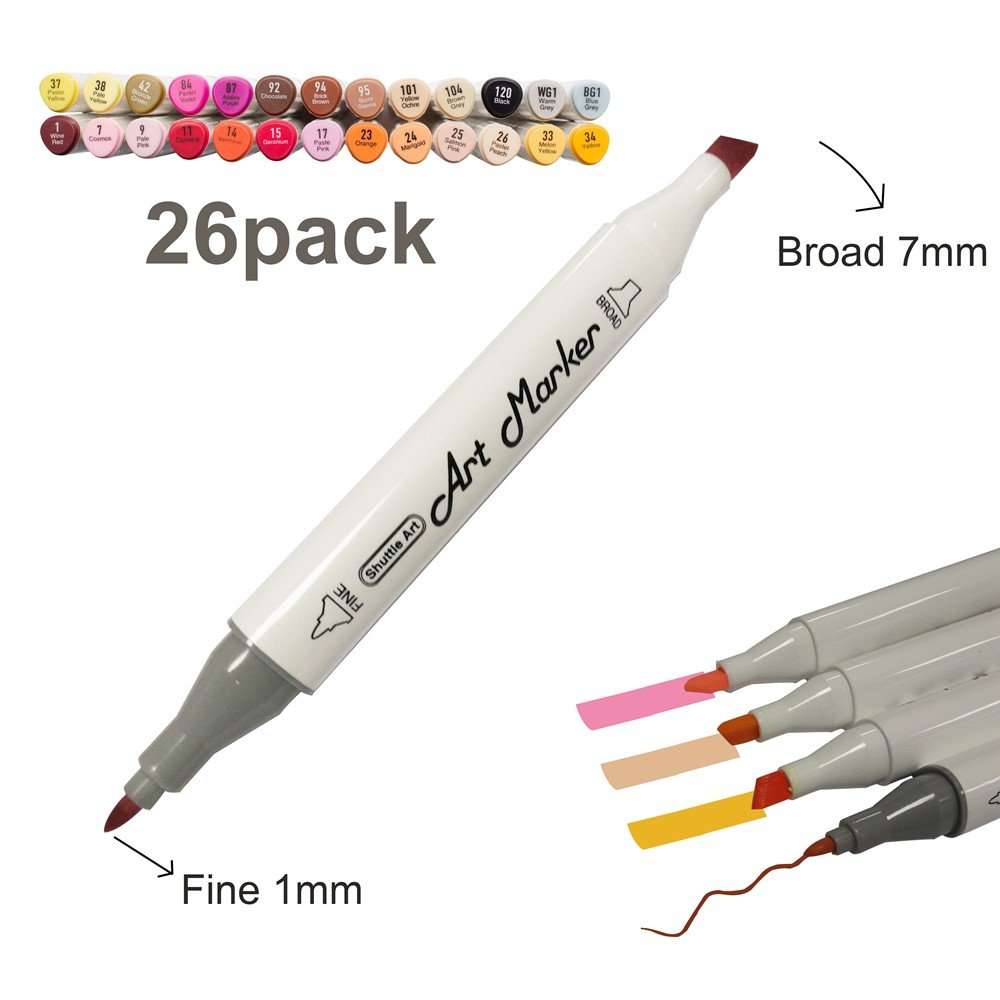 Shuttle Art 26 Colors Skin Tone & Hair Dual Tip Alcohol Based Art Markers, Permanent Marker Pens Double Ended with Fine Bullet and Chisel Point Tips Perfect for Face, Flesh, Manga, Portrait, Sketch 2