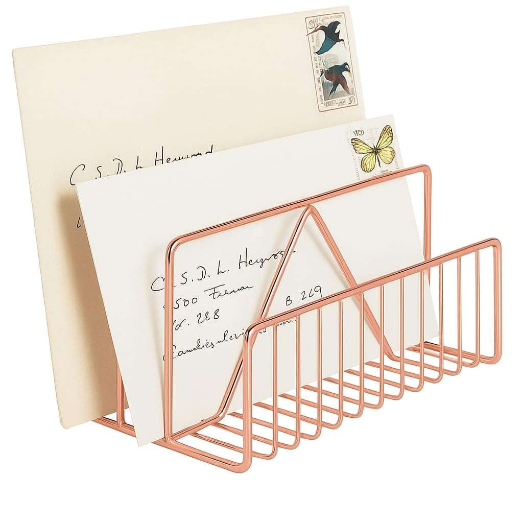 CentraLit File & Magazine Holder - Book Shelf Organiser Small book shelf for table Metal Letter Organiser with 3 Compartments,Letter Document Sorter (Rose Gold),Free Standing,Accent Shelf 1