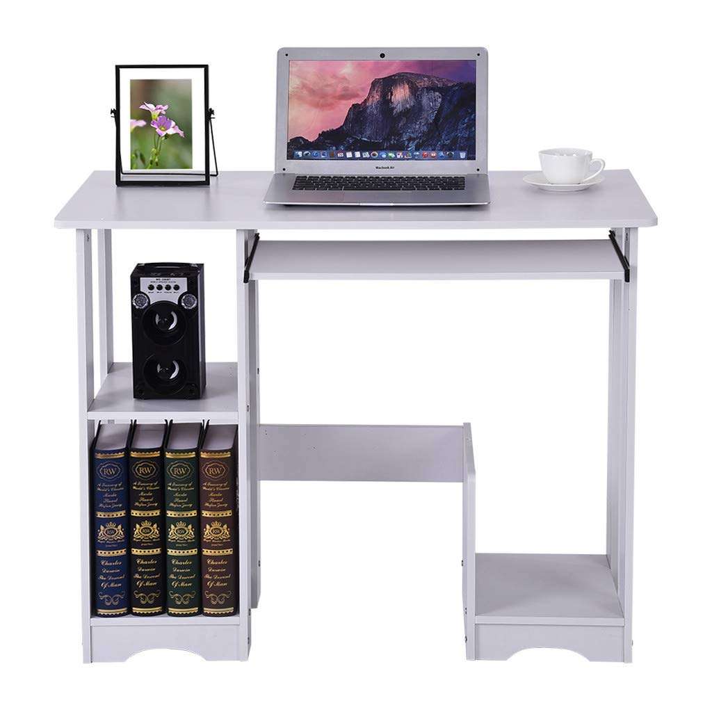 OKBOP Desktop Home Computer Desk with Storage Shelves Keyboard Tray, Modern Writing Desk Wood Student Study Table Notebook Workstation, White Small Office Desk (White) 4