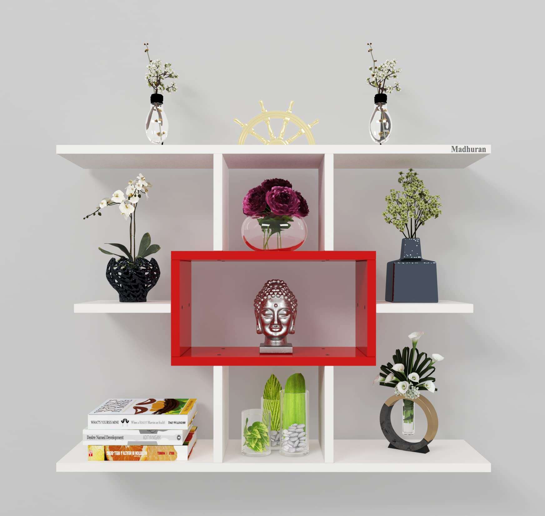 Madhuran Wooden Intersect Display Showcase Wall Mounted Shelves Color White Red 4