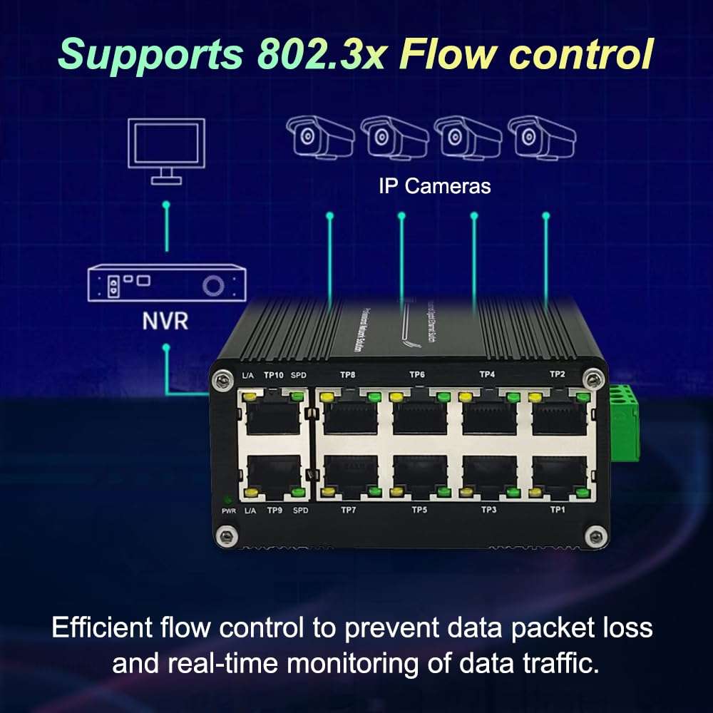 10-Port Gigabit Ethernet Switch - Industrial-Grade Unmanaged Network Hub with Din-Rail or Wall Mount, Full Duplex Desktop,Fast Connection,Plug and Play, Rugged Metal Case, Wide Temperature Range 6