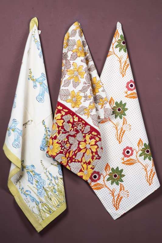 CONTRAST LIVING Purnima Hand Block Printed Kitchen Towel/Dish Towel/Hand Towel Multi Color Set of 3 Pcs 1