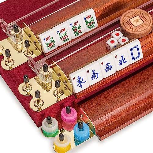 Yellow Mountain Imports American Mahjong Set, Golden Fortune with 166 Acrylic Mahjong Tiles, Inlaid Wooden Case, Racks and Other Accessories 2