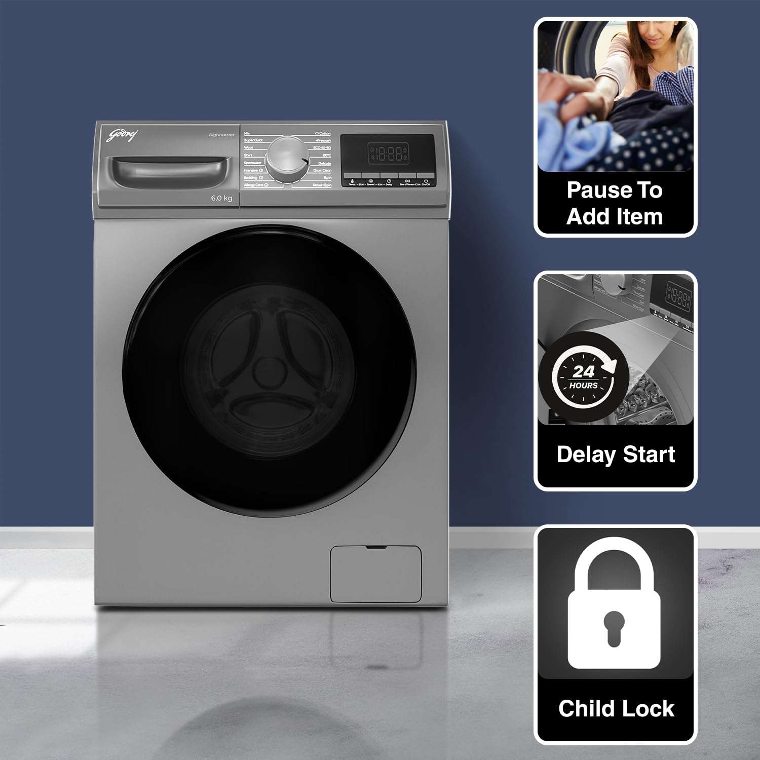 Godrej 6 Kg 5 Star Digi-inverter Fully-Automatic Front Load Washing Machine (2024 Model, WFEON HYS 6010 5 IJBT FLGR, With Steam Wash & 1000 RPM Spin Speed, Flint Grey) 6