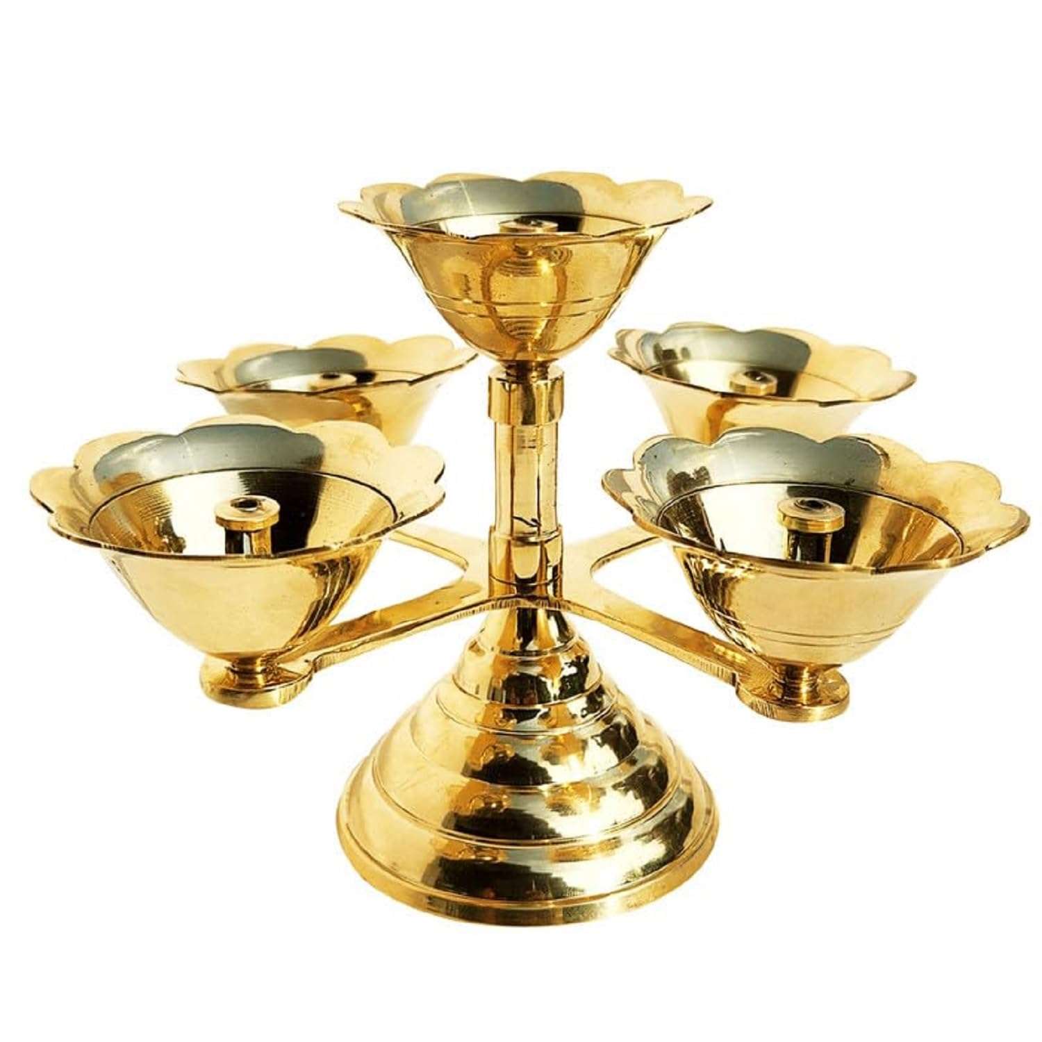 Pure Source India Pure Brass 5 Faced Ethnic Panchadeep | Bhadradeepam /Lamp/Akhand Diya for Mandir, Pooja Room,Diwali Gift Decorative Item for Home Decor (8 INCH. Gold 1PCS ) 400 GM 6