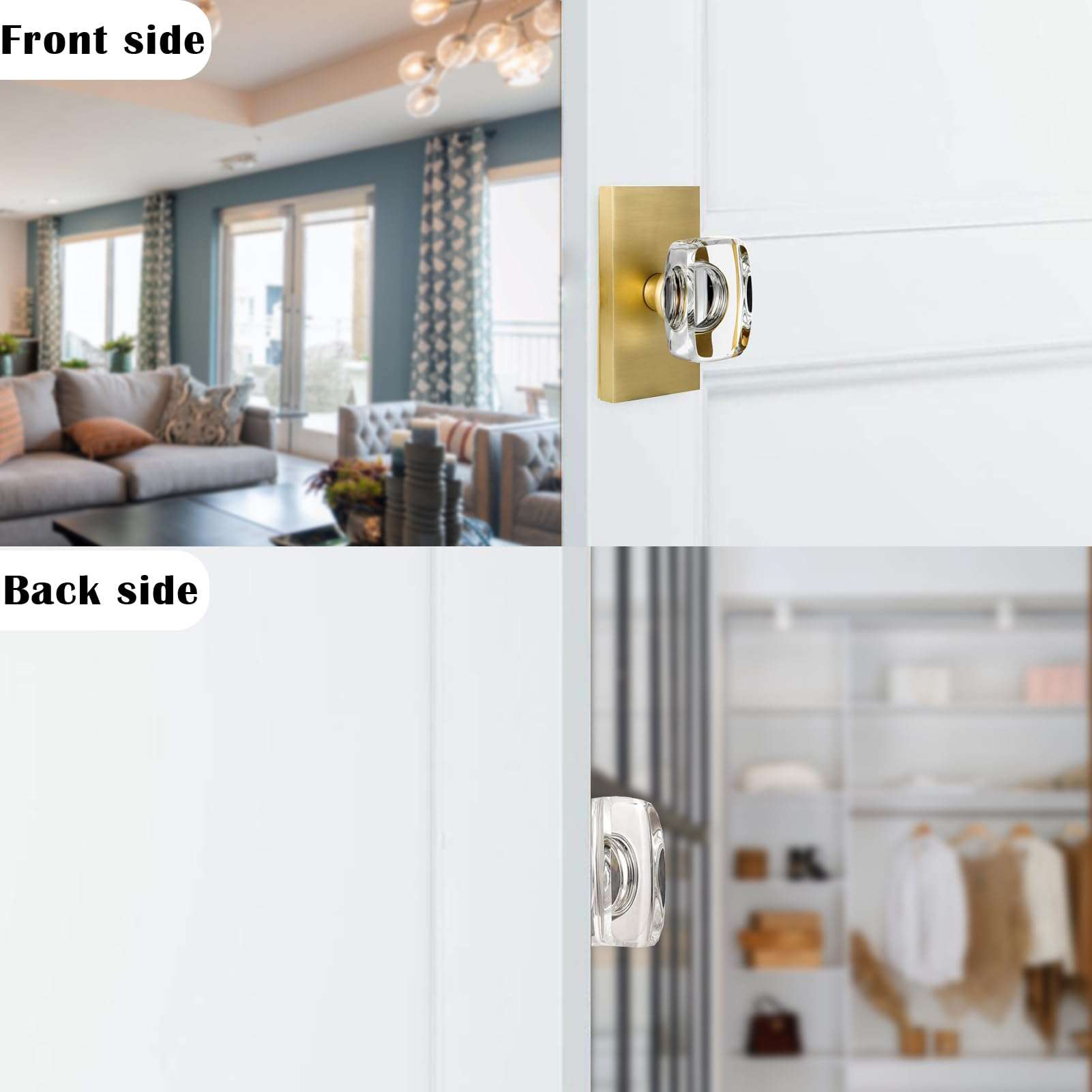 HIEMEY Satin Brass Crystal Glass Dummy Door Knob Interior, Gold Dummy Door Knob for Closet Hall Rectangular Single Side Non-Turning Inactive, 2 Pack 3