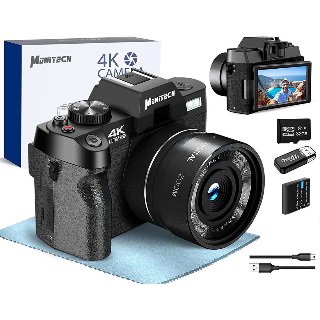 Monitech Digital Camera for Photography and Video, 4K 48MP Vlogging Camera for YouTube with 180° Flip Screen,16X Digital Zoom, 2 Batteries（WT,S100,Black ） 1