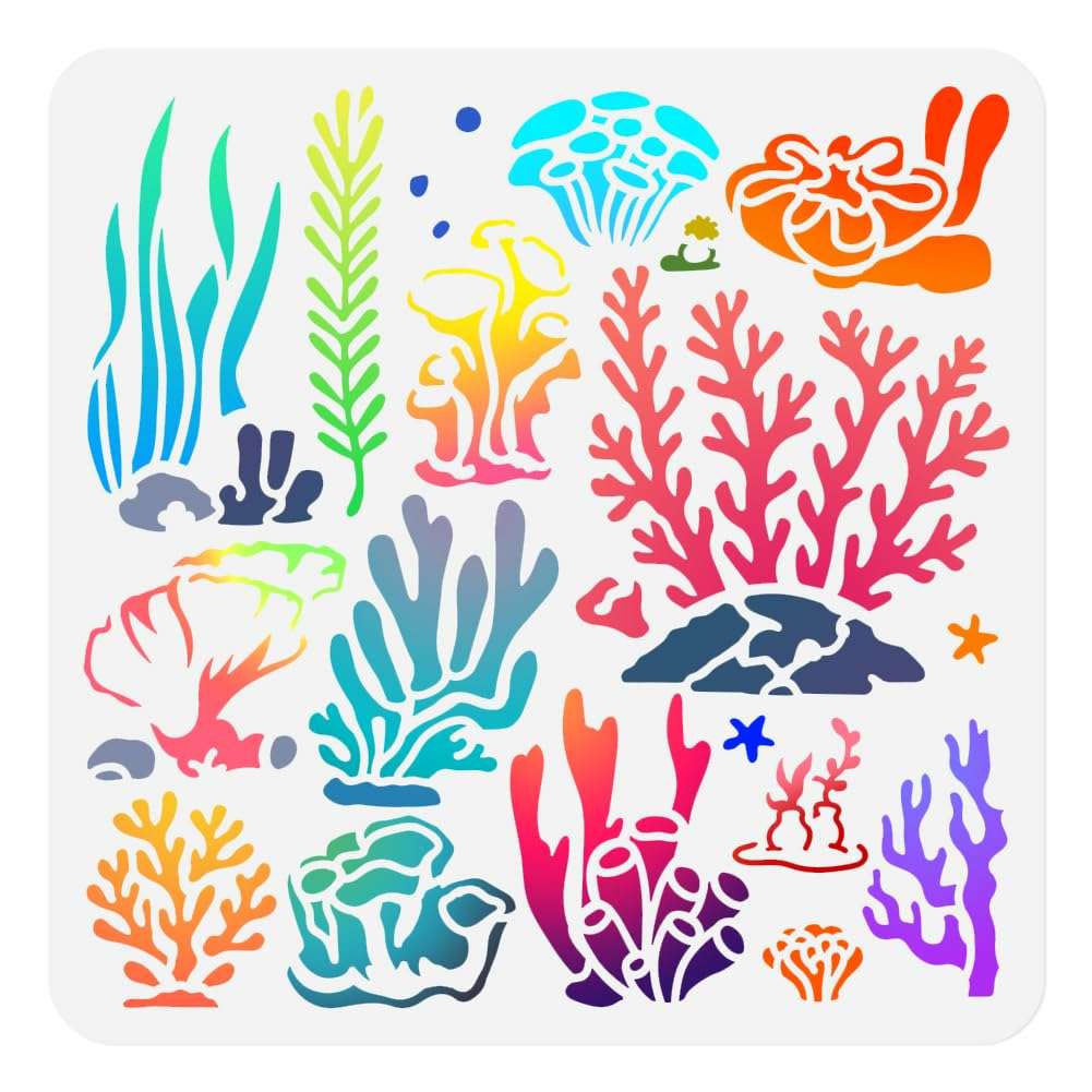 DOODLREAM 12 Styles Coral Seaweed Stencil for Painting, 11.8"x11.8"Reusable Seagrass Sea Plants Stencil Drawing Template, DIY Craft Paint Template for Wall Home Decor Wood Burning Card Journal Fabric 1