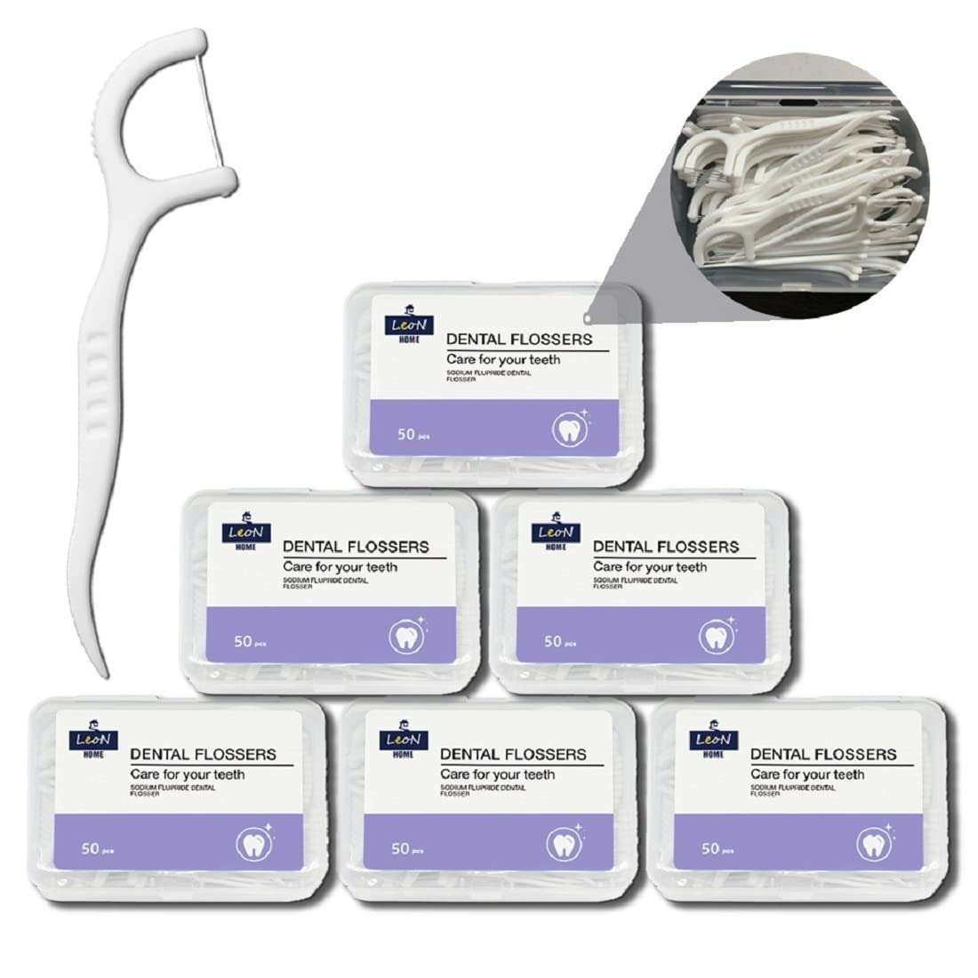 LeoN Home Unwaxed Dental Floss Picks 300 PCS w/Travel Carry Case, Plastic Deep Clean Flosser for Your Daily Oral Care, Unflavored Durable Flossing with Toothpick (50 Count/Box, Pack of 6)