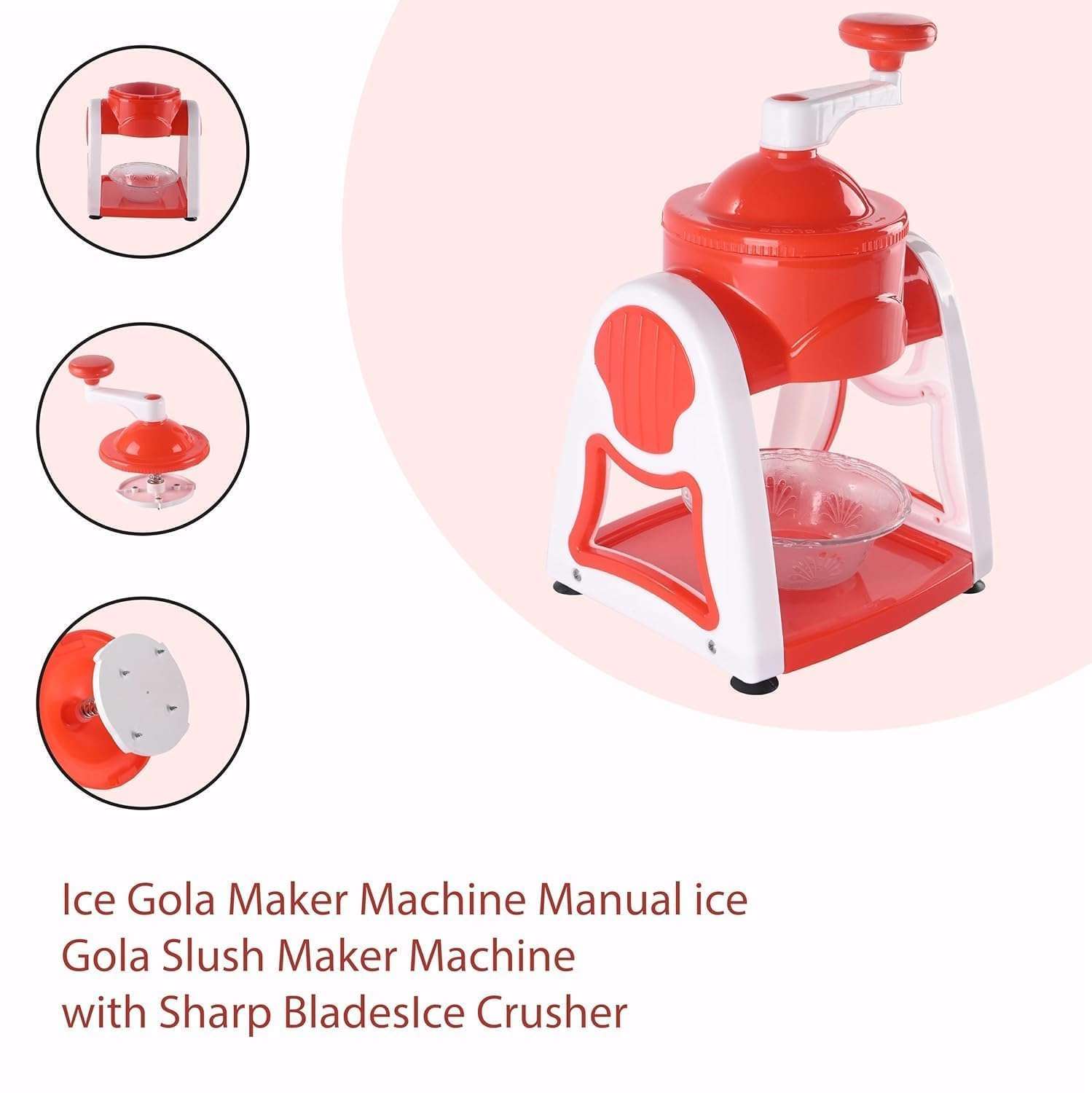 VENQUER Manual Ice Gola Maker and Ice Crusher, Snow Cone and Slush Maker Machine with Sharp Blades, Red and White, Includes 3 Bowls, 1 Glass, 6 Sticks and Serving Dish 6