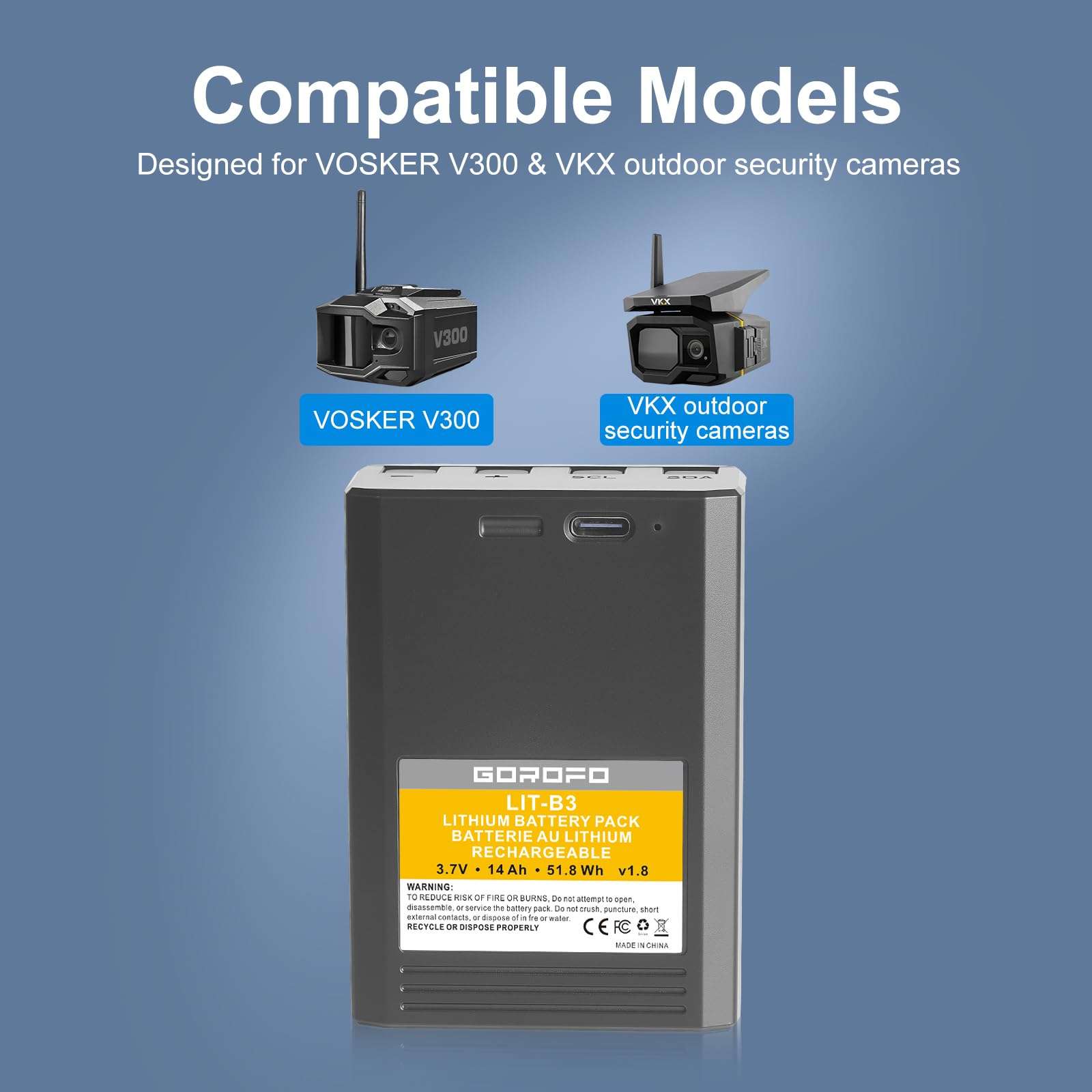 GOROFO Vosker V300 VKX Security Cameras, Rechargeable Lithium Battery with Fast Charge, Weather-Resistant Power Supply 3