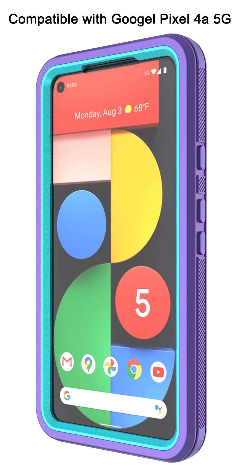 Annymall Google Pixel 4a 5G Case with Screen Protector, Phone Case for Pixel 4a 5G (Not fit 4G) Full Body Shockproof Drop Protection Heavy Duty Rugged Cover for Pixel 4a 5G (Purple/Mint) 2