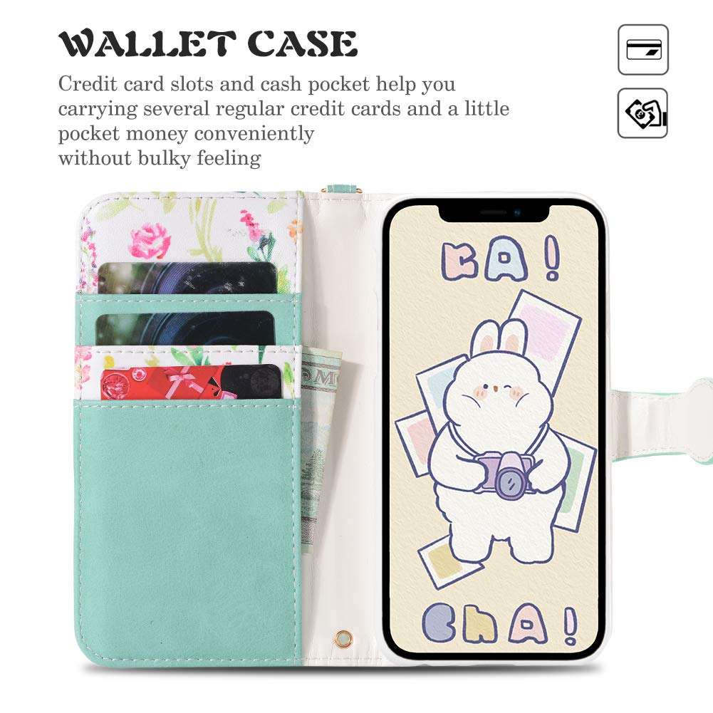 iPhone 12 iPhone 12 Pro Floral Series Wallet Case for Girls Women Lovely Flower Pattern PU Suede Leather Flip Cover Card Slots Stand Magnetic Closure Pearl Pendant Case for iPhone 12/12 pro 6.1 Inch 5