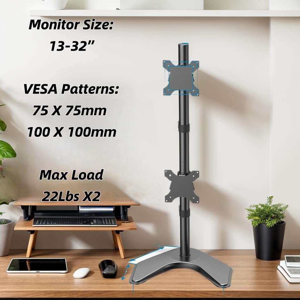 HUANUO Dual Monitor Stand,Vertical Stack Screen Free-Standing Holder LCD Desk Mount Fits Two 13 to 32 Inch Computer Monitors with C Clamp Grommet Base Stacking Displays Tilt Swivel Height Adjustable 3