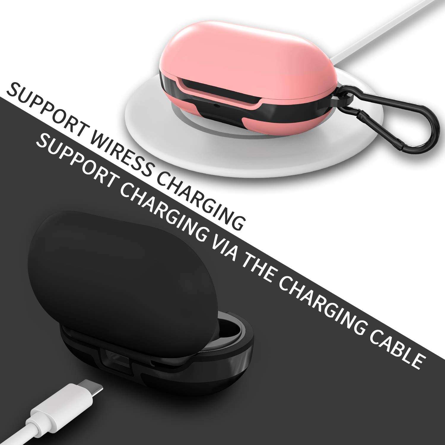 Samsung Galaxy Buds Case 2019/2020 Plus, 2 Pack Silicone Cover with Carabiner, Anti-Lost & Shockproof (Black+Red) 4