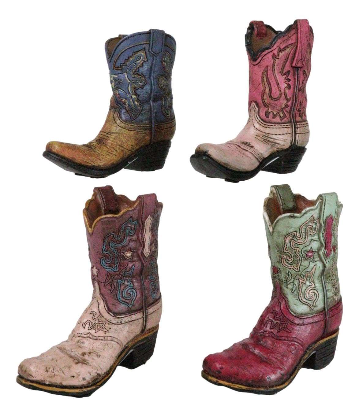 Ebros Gift Pack of 4 Rustic Western Fancy Cowboy Cowgirl Boots in Faux Tooled Patterns Leather Finish Stationery Pen Pencil Make Up Tools Organizer Holder Figurines 5