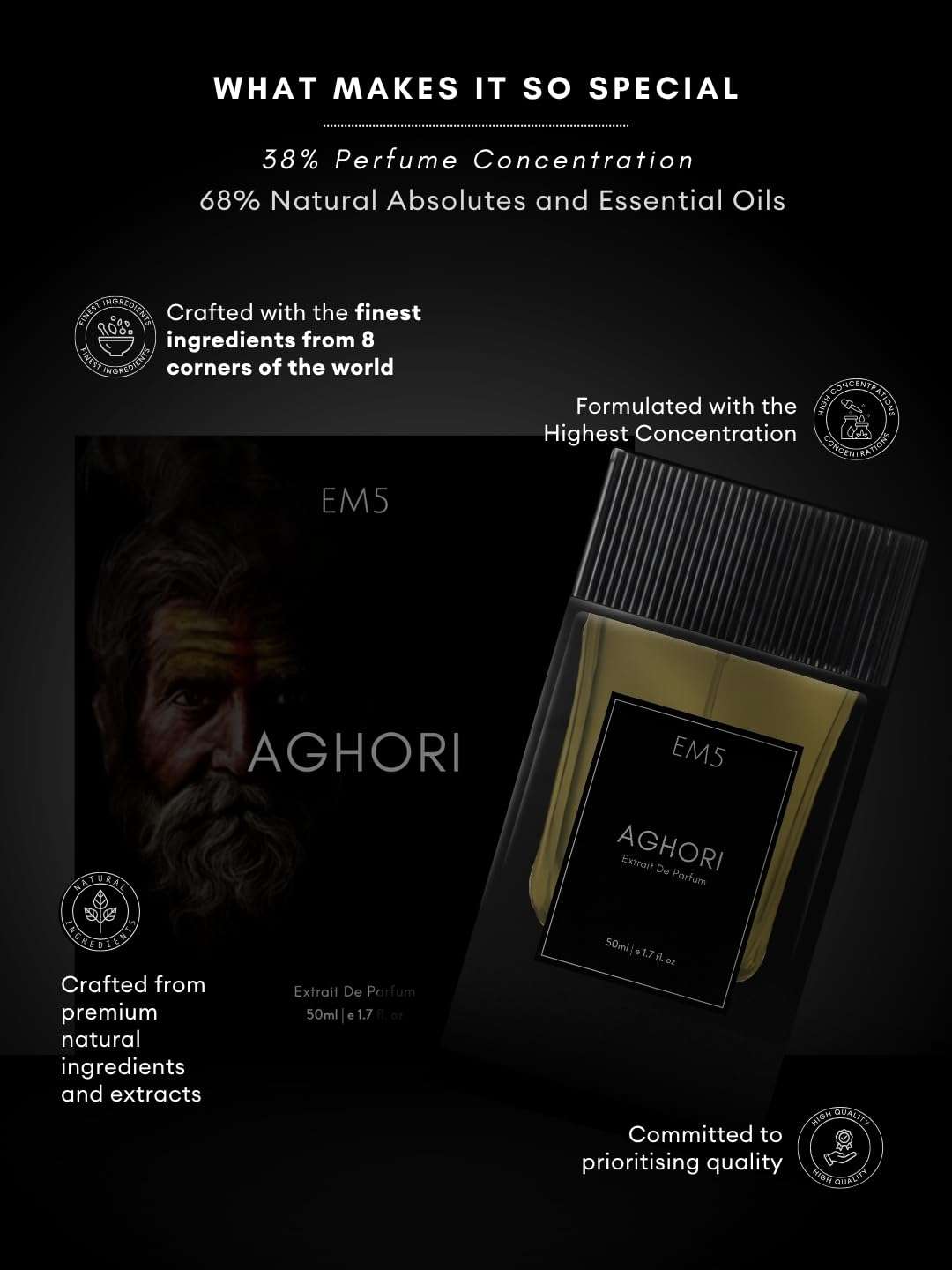 EM5 Aghori Extrait De Parfum (38%) Spray for Men | Earthy, Woody, Smoky & Animalic Perfume | Raw, Dominating, Intense & Rustic Scent | Strong & Long Lasting Fragrance | 68% Natural Absolutes & Essential Oils | 50 ml 4
