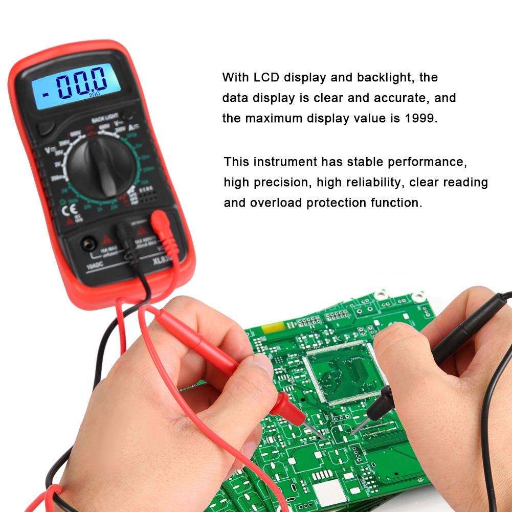 Digital Multimeter, LCD Backlight Display Handheld Voltmeter Ammeter Overload Protection Ohmmeter Current Voltage Tester Measure AC/DC Voltage, DC Current, Resistance, Diode, Triode(Red) 3