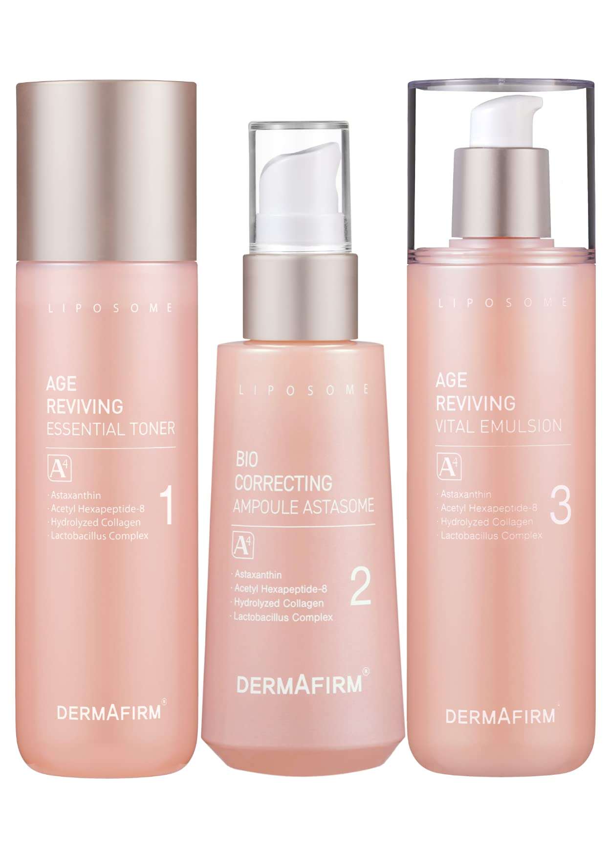 DERMAFIRM A4 Age Reviving Essential Toner, Bio Correcting Ampoule Astasome, and Vital Emulsion 1