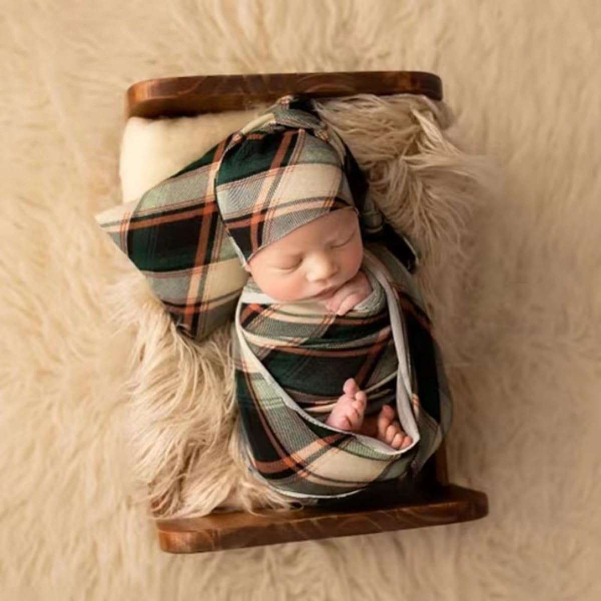Zeroest Newborn Photo Prop Plaid Outfit Baby Boy Girl Photography Pants Hat Newborn Photoshoot Posing Layer Props Christmas (Green-02) 1