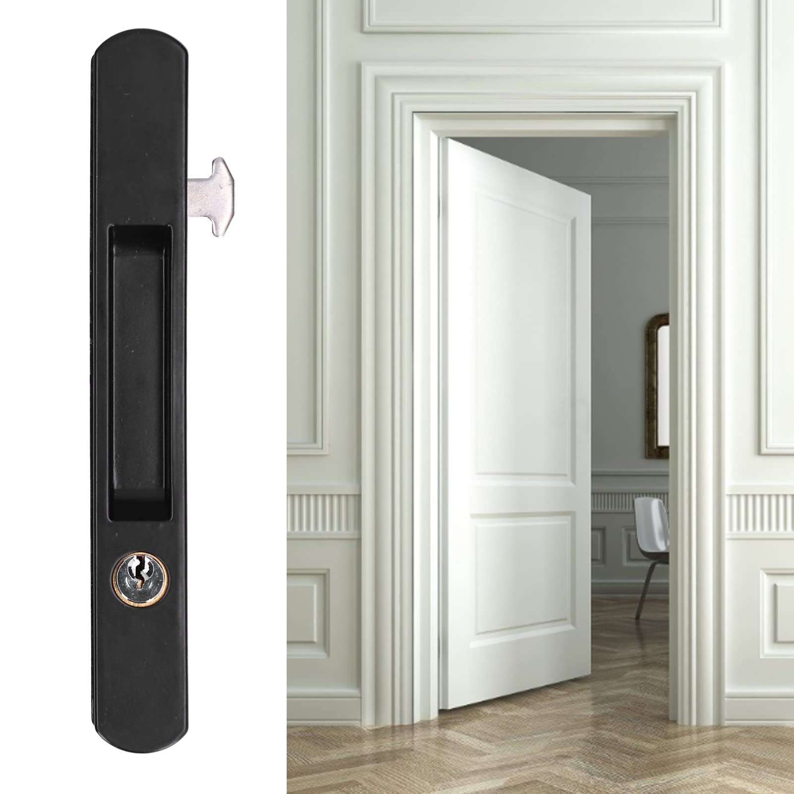 Sliding Door Lock Black Copper Zinc Alloy Lock Furniture Hardware,Sliding Door Lock with Key, for Balcony Door,for 27‑29mm Thick Sliding Doors and Window, barn Door Lock Pocket Door Lock Sliding 5