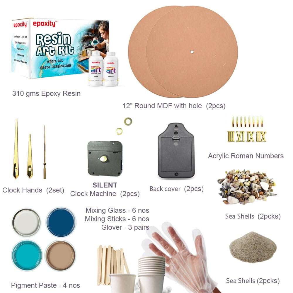 Epoxity Resin Art kit for Ocean Wall Clock Making with12' MDF with Acrylic Roman Numbers 2:1 Raisin epoxy Resin and Hardener Craft Supplies for Beginners Adults Artists Professionals, (2 Set) 3
