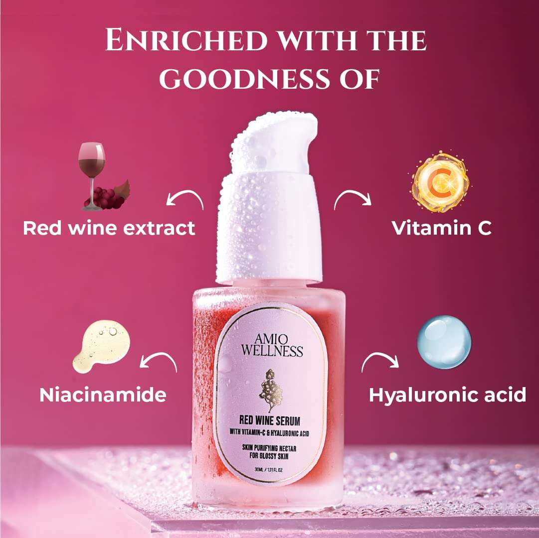 Amio Wellness Red Wine Serum For Face With Vitamin C and Hyaluronic Acid | Vitamin C Face Serum for Men and Women | Paraben & SLS free | Glowing skin & Reducing Blemishes, excess oil and Acne | Pack of 30ml 4