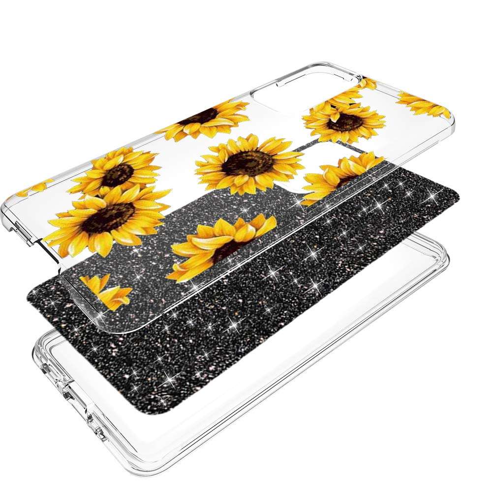for Samsung S20 Fan Edition Case,Galaxy S20 FE Phone Case,DDTKZC Tempered Glass Protector Lustre Pattern-Sparkle 3 in 1 Clear Shockproof Case for Galaxy S20 FE (Yellow Sunflower) 3
