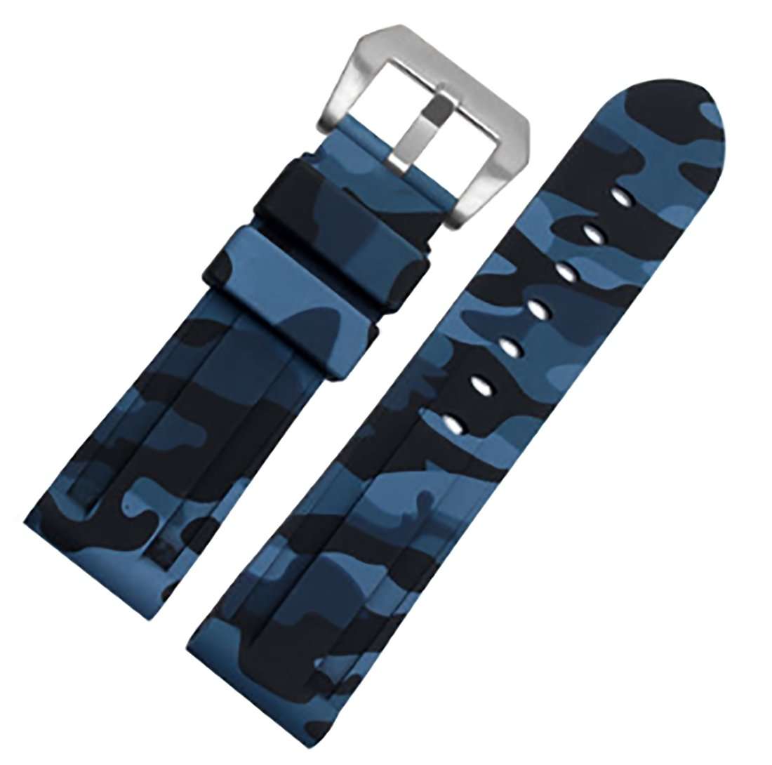 24mm Camouflage Diver Rubber Silicone Watch Band PVD Tang Buckle Strap Fits for Panerai Luminor (Blue（Silver Buckle）)