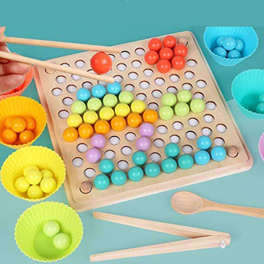 Montessori Early Educational Toys Use Chopsticks Clip Wooden Beads from Pegs Board to Training Hand Eye Coordination and for Preschool Kids Learning Math and Counting by Color During Sorting Games 2