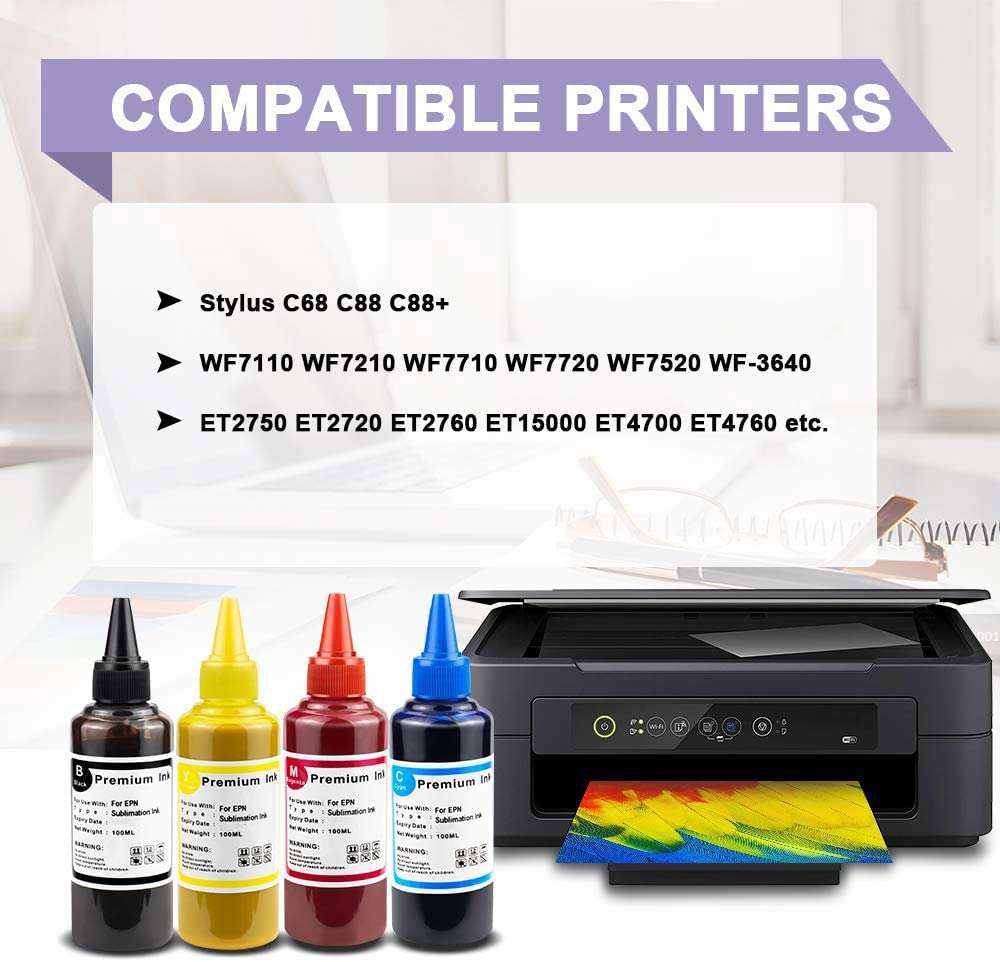 FENTEC Sublimation Ink Refill Bottles for WF-7710 ET-2720 ET-15000 WF-3640 WF-7110 WF-7210 WF3610 C88 Inkjet Printers Heat Transfer on Mugs, Plates, Polyester Shirts etc, 100mL x 5 Pack 2
