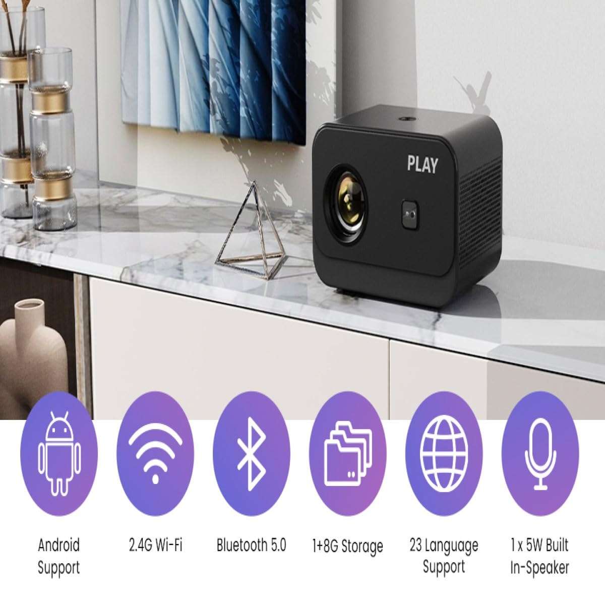 PLAY Plus New Projector for Home, Android 9 Projector with 1+8G 2.4G Wi-Fi Wireless Bluetooth 5.0, 4500 Lumens, HDMI/USB/AV/Audio Port 5