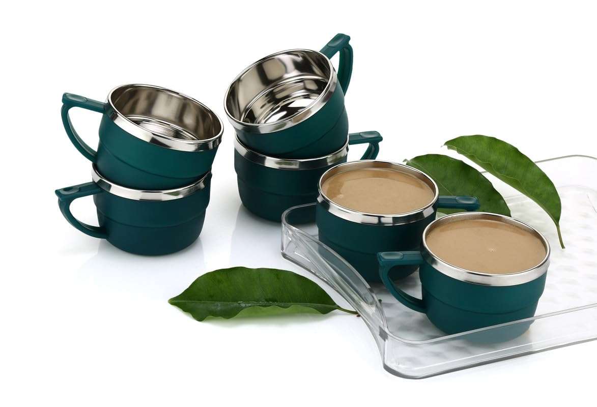 HAPPI Tea Cups Set Coffee Mug Insulated Stainless Steel Inner Stylist Double Wall Cup for Home Office Restaurant Use Tea Mugs Set of 6 (Bottle Green) 1