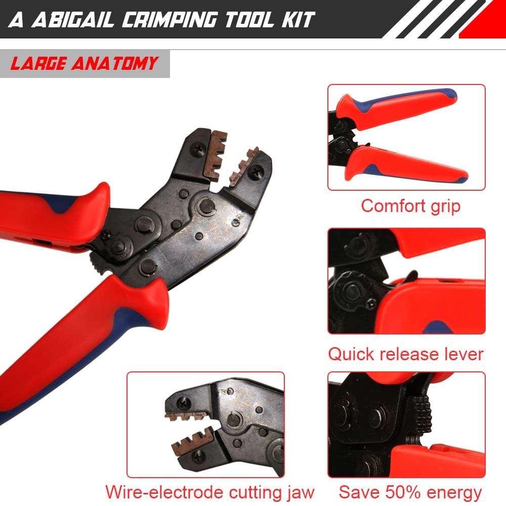 Wire Terminals Crimping Tool Kit, Self-Adjusting Automatic Ratcheting Wire Terminals Crimper Tool AWG22-16 (0.5-1.5mm²) with 300PCS Male and 300PCS Female Spade Connectors 6