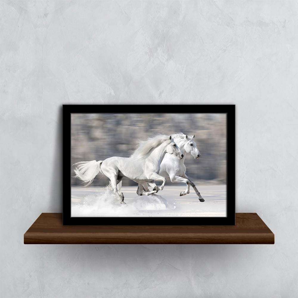 ArtzFolio Two White Horses In Winter Paper Poster Black Frame | Top Acrylic Glass 13 x 9 inch (33 x 23 cms) 1