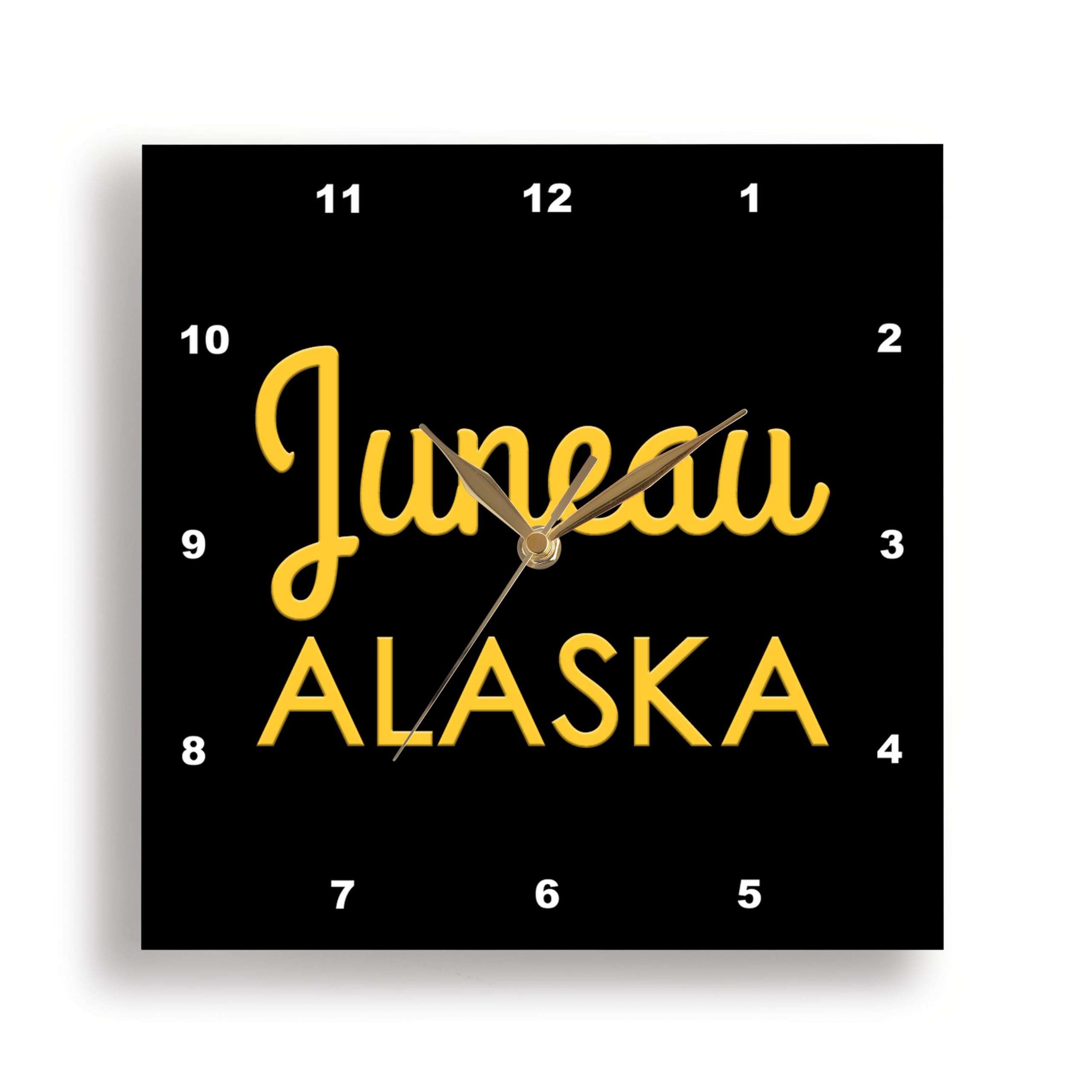 3dRose Wall Clock Silent - 13 inch - Juneau, Alaska State. United States Patriot Home Town Talisman - Alexis Design - American Cities Yellow on Black 2