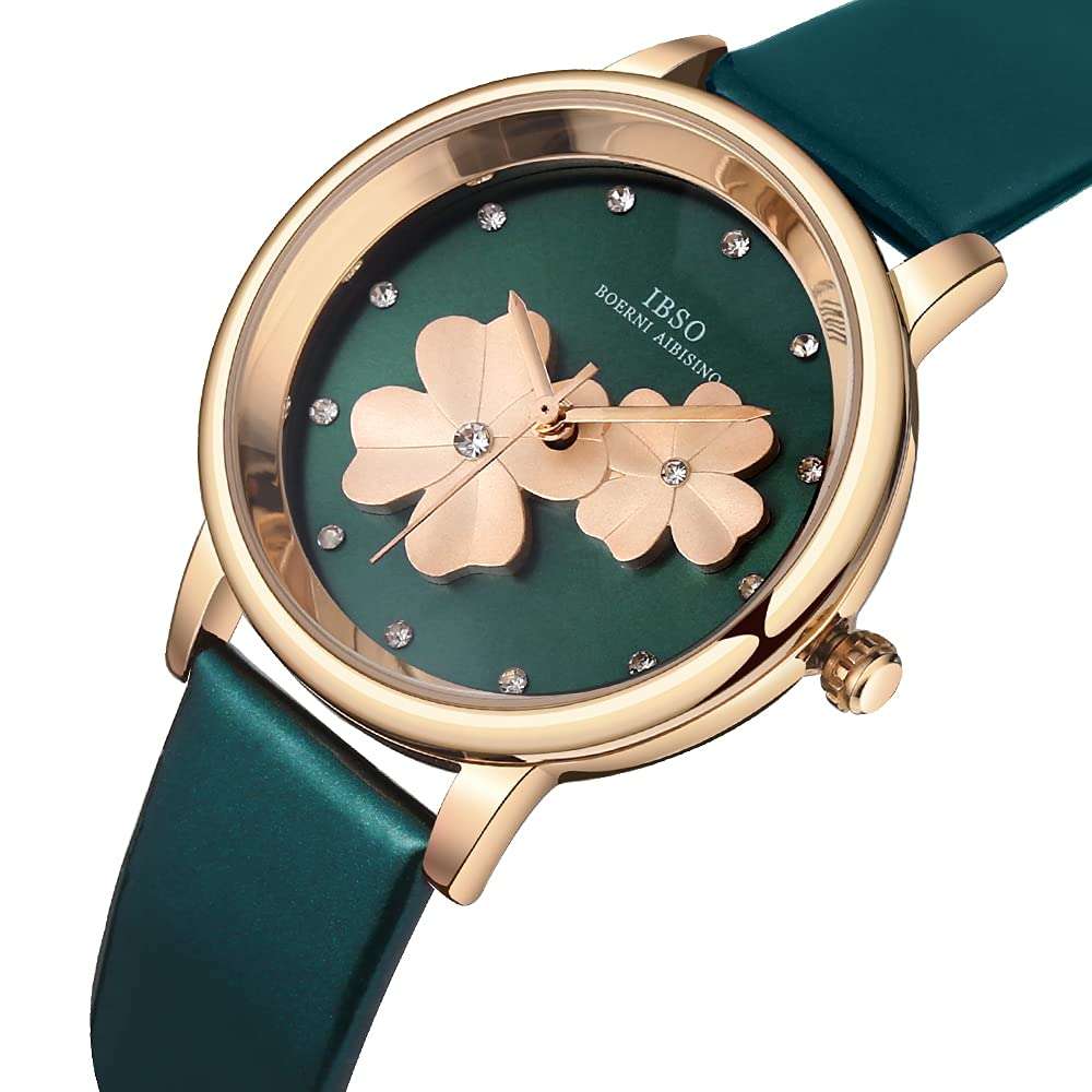 IBSO Watches for Women Four Leaf Clover Lady Leather Band Wristwatch Clear Dial Montre Femme a Nice Gift (8806L Green) 4