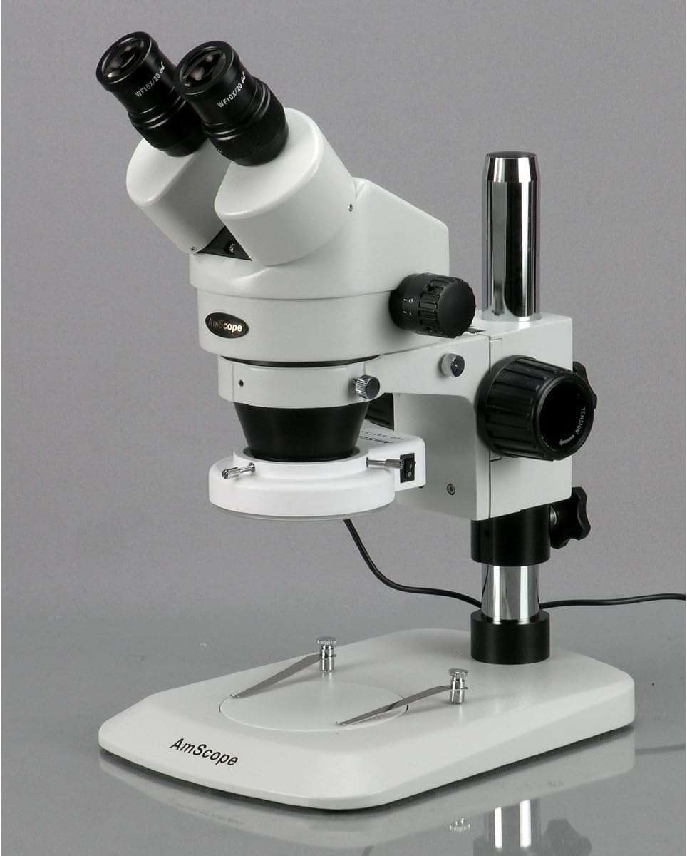 AmScope SM-1BN-64S Professional Binocular Stereo Zoom Microscope, WH10x Eyepieces, 7X-45X Magnification, 0.7X-4.5X Zoom Objective, 64-Bulb LED Ring Light, Pillar Stand, 110V-240V 2