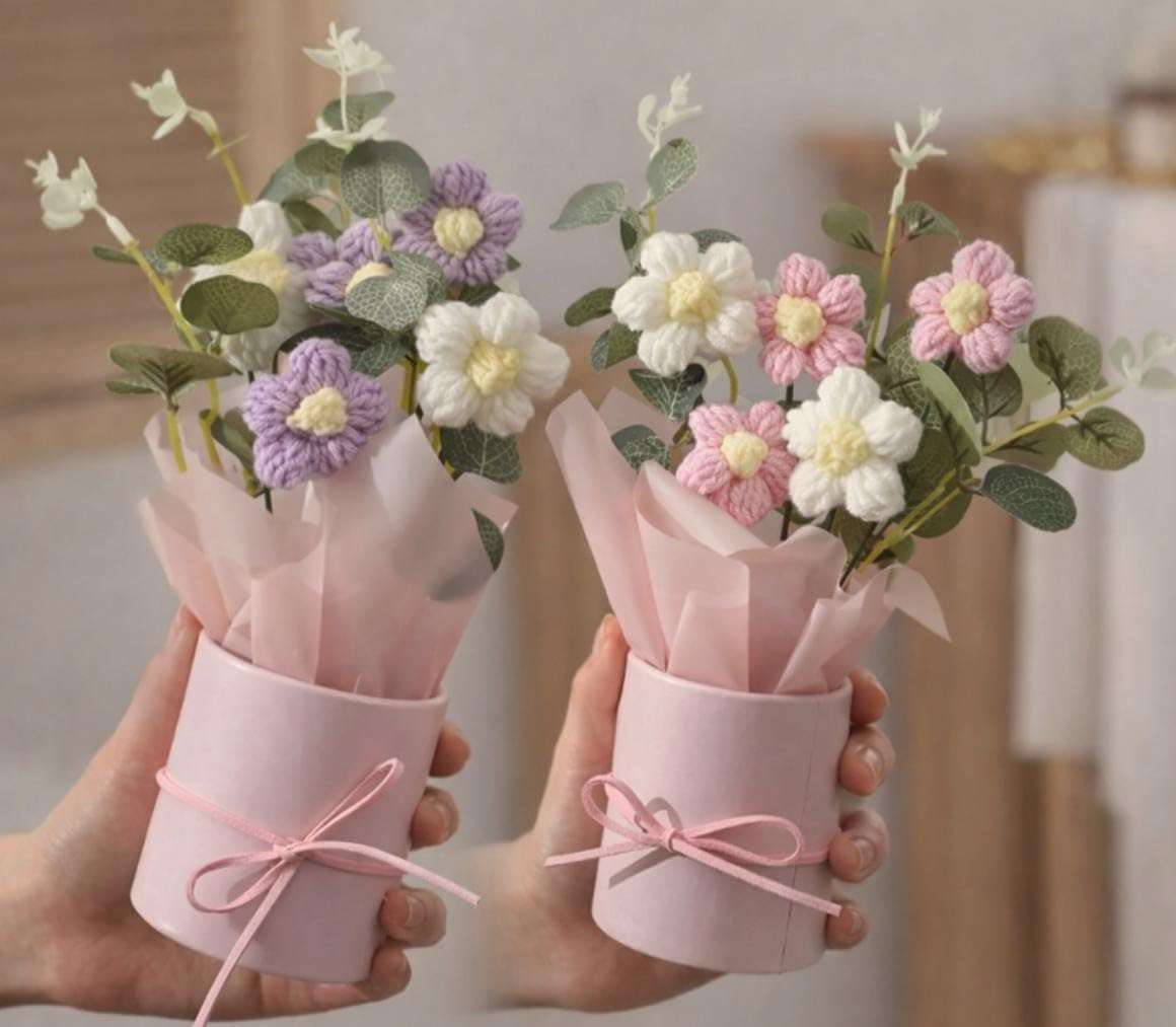VRB Dec 2 pcs Artificial Crochet Flower Bouquet/Artificial Flowers Bunch/Crochet Flower/Flowers Bouquet Gift for Girls Home Decor,Gifting,etc. (2 Pcs Lavender & Pink Daisy Bouquet) 1