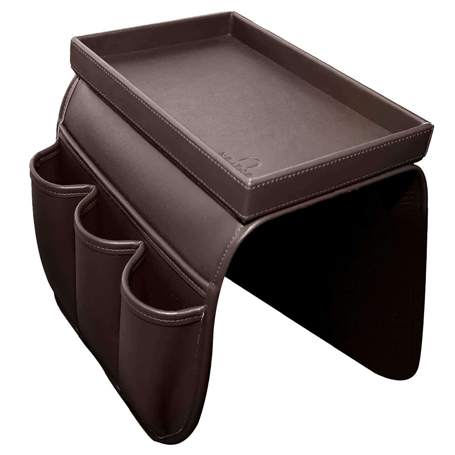 U NEATOPA Couch Remote Caddy Control Holder Sofa Organizer with Detachable Wooden Snack Tray for Recliner Mattresses Chair Armrests with 4 Slots - 1 Large Pockets and 3 Small Pockets (Brown) 1