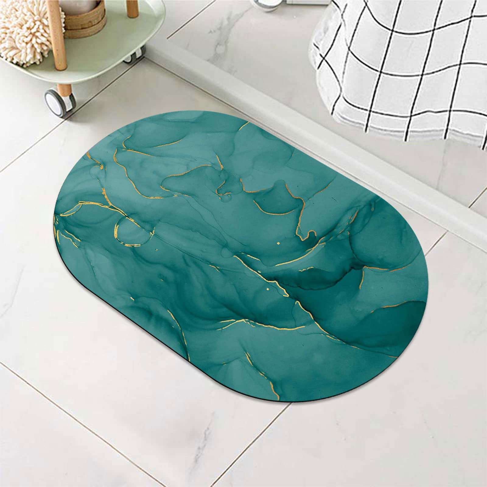 Bath Mat Rug-Dark Green Marble Pattern Rubber Non Slip Quick Dry Super Absorbent Thin Bathroom Rugs Fit Under Door Washable Bathroom Floor Mats-Shower Rug for in Front of Bathtub,Shower Room,Sink 1