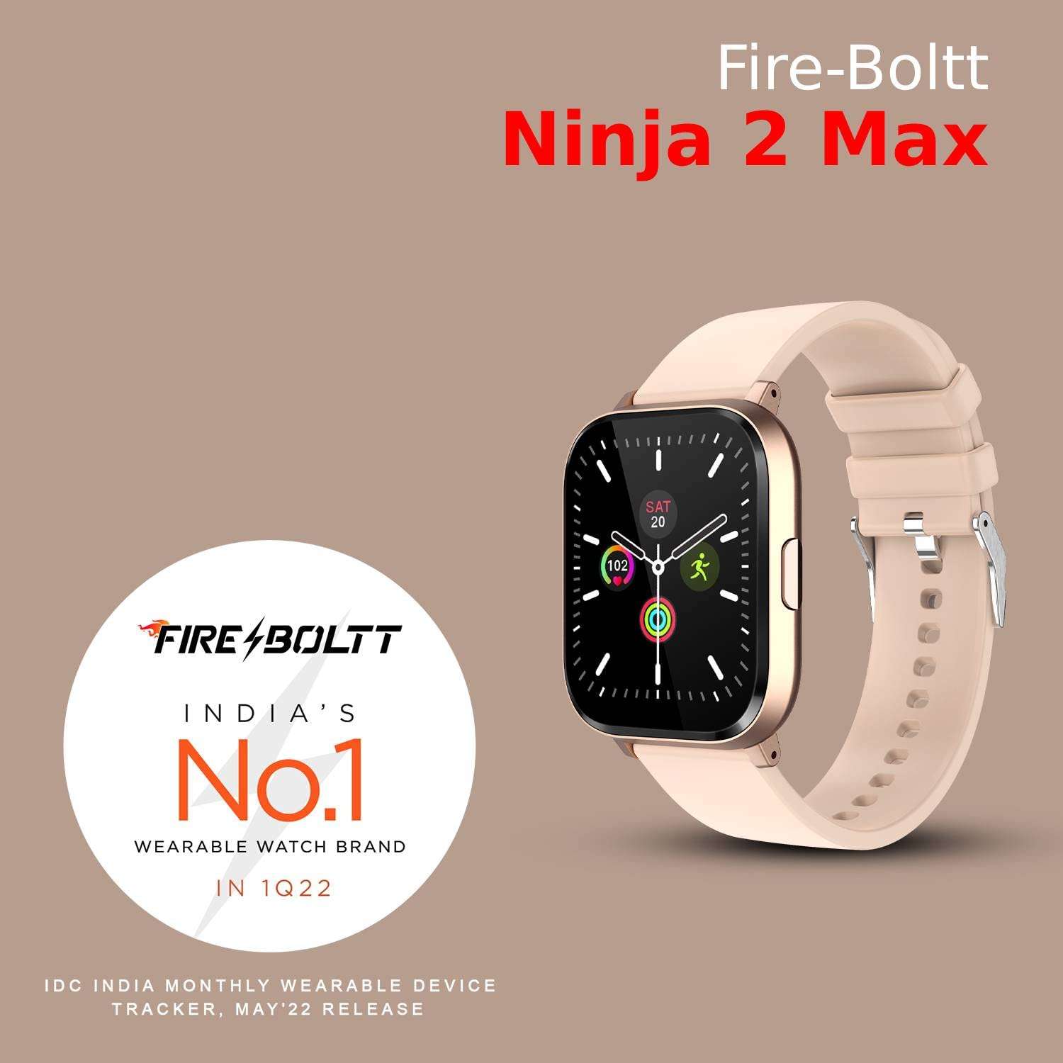Fire-Boltt Ninja 2 Max 1.5 inches(3.9cm) Full Touch Display Smartwatch with SpO2, Heart Rate Tracking 20 Sports Mode Sleep Monitor, Camera Music Control, IP68 Dust Sweat Resistance (Rose Gold, L) 2