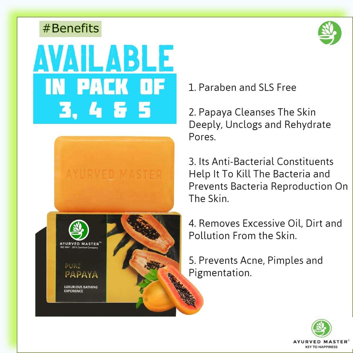 Ayurved Master Unisex Papaya Beauty Bath Soap For Pores Deep Cleansing (Buy 3 Soap Get 500ML STB Handwash Free) 3