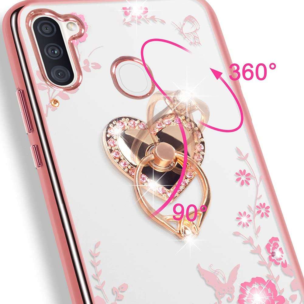 Samsung Galaxy A11 Case Glitter Crystal Butterfly Heart Floral Series-Slim TPU Luxury Bling Cute Girls Protective Cover with Detachable Finger Ring Holder Stand + Strap for Samsung A11 - Purple 4